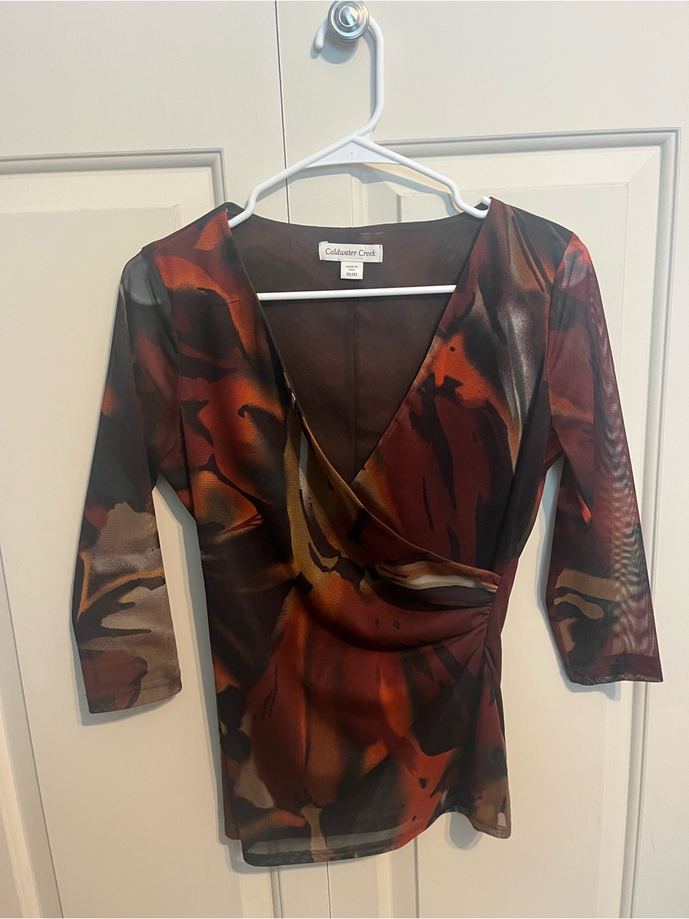 Coldwater Creek Faux-Wrap Top in Rust & Black Abstract Print